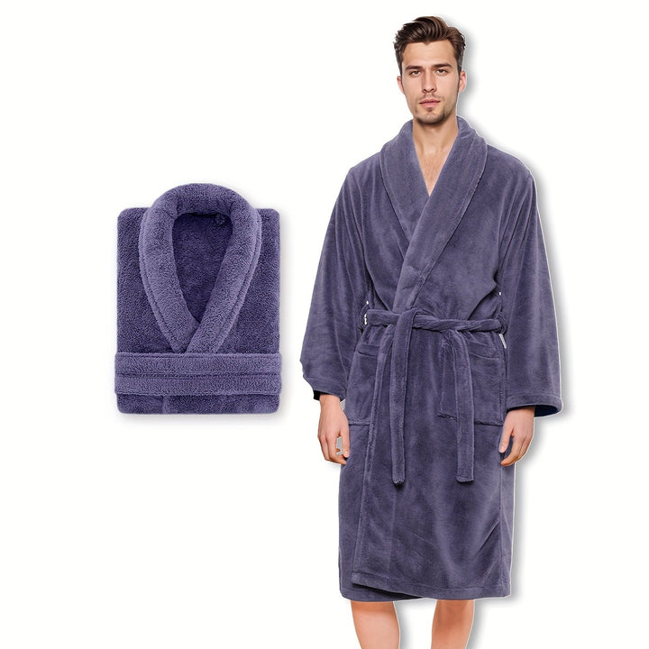 Unisex Extra Warm Coral Fleece Bathrobe Mens and Women Adult Robes for Your Bathroom Bedroom Shawl Collar Robes