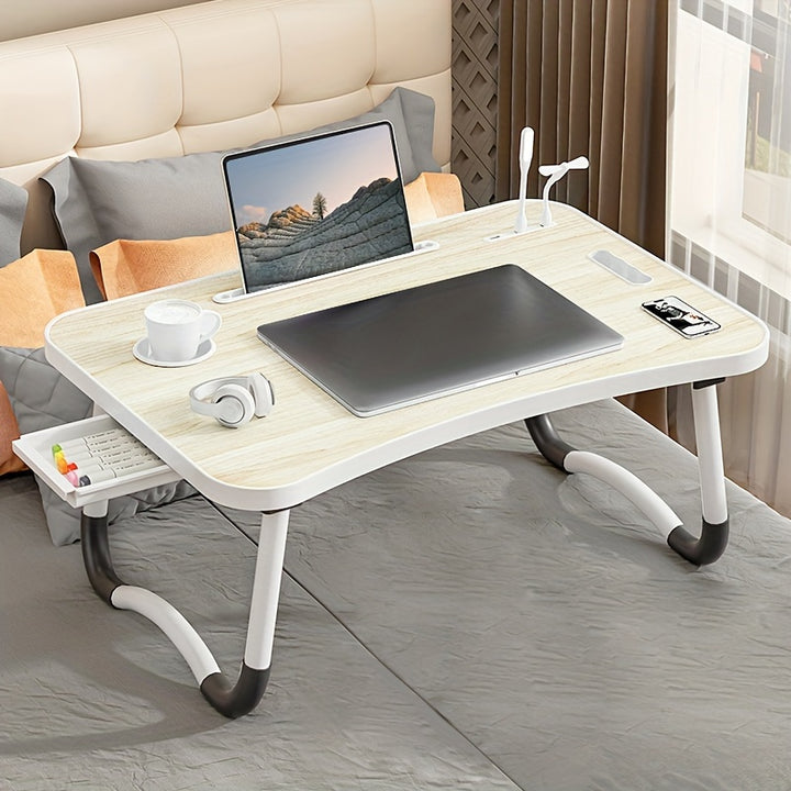 Table de lit ultra grande multifonctionnelle pour ordinateur portable - Plateau portable avec porte-gobelet, tiroir, USB, ventilateur et lumière - Stable, durable et pliable pour manger, lire et écrire