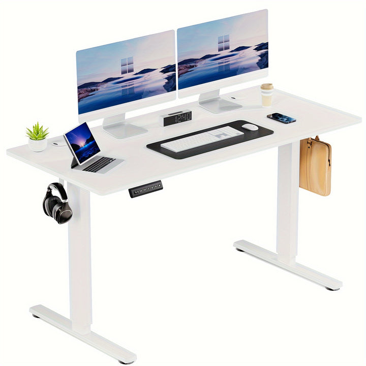 63" Adjustable Height Electric Standing Desk - Modern Wooden Workstation with 4-Panel Display Setup, Storage Shelf & Hooks for Home Office, Bedroom, or Gaming Room, Workspace Organizer | Sleek Metal Frame | Iron Construction,