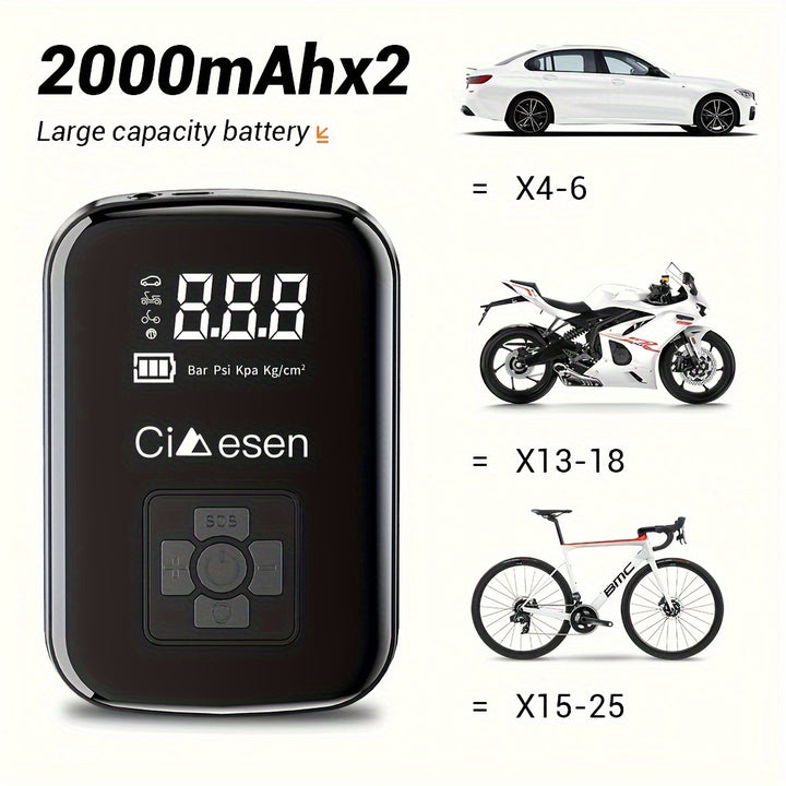 1 Pc Portable Tire Inflator with Digital Display - Fast Cordless Air Compressor, USB Rechargeable, Multi-Function Nozzle Adapter