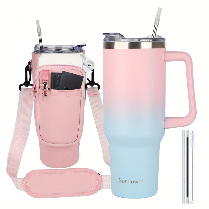 [40oz Insulated Tumbler with Handle] 40oz Tumbler with Handle and Straw Lid & Carrier Bag, Stainless Steel Double Vacuum Coffee bler With Purse Pouch Phone Pocket, Gym Water Bottle Travel Mug for Men Women with Sleeve Holder