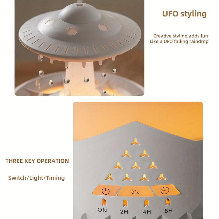 UFO Design Aromatherapy Humidifier with Rainbow Night Light, 11.83oz Capacity, Remote Control, 110V/220V Dual Voltage, US Plug, Essential Oil Compatible, Water Shortage Protection, Atomization Mode, <33.81oz Tank, <10㎡ Area