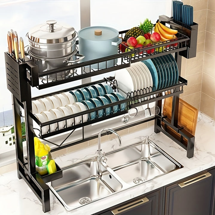 1pc Countertop Dish Storage Drainage Rack Expandable Kitchen Sink Shelf Dish Rack Drainer Black Kitchen Organizer