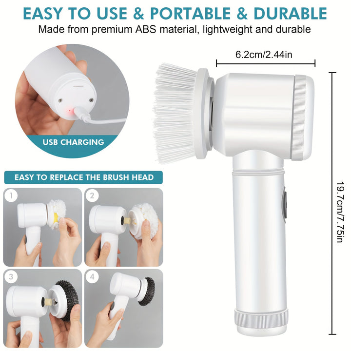 Powerful Cordless Electric Spin Scrubber - 5 Replaceable Brush Heads for Bathtub, Floor, Wall, Tile, Toilet, Window, Sink!