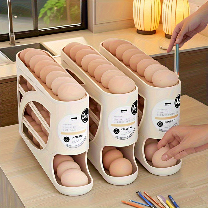 4-Tier Rolling Egg Holder - Side Door Design, Holds 30 Eggs, Smooth Glossy Finish, Convenient Handle