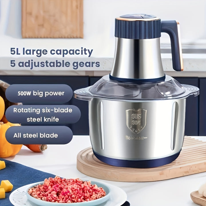 5L Stainless Steel Food Processor with 6-Blade System - Fast Meat Mincer & Vegetable Chopper, Powerful Kitchen Gadget for Onions, Garlic, Salads & Youngsters Food, US Plug