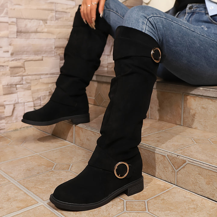 [Botas de Color Sólido de Moda] Botas de Color Sólido de Moda para Mujer, Botas Altas de Rodilla con Hebilla y Tacón Grueso, Botas de Invierno con Punta Redonda y Caídas