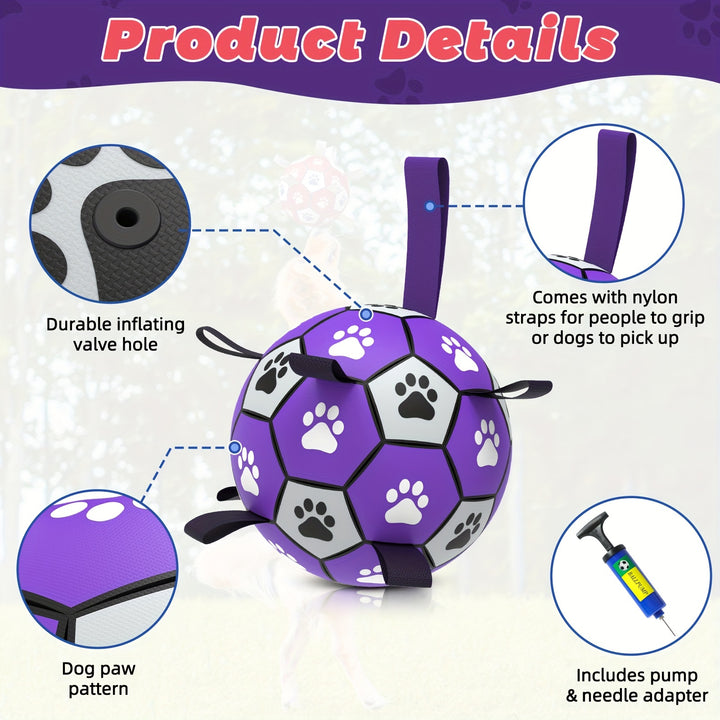 Purple and Black Durable Rubber Interactive Dog Soccer Ball Toy - Paw Print Design, Straps for Tug-of-War, Ideal for Small to Large Breeds, Indoor & Outdoor Play