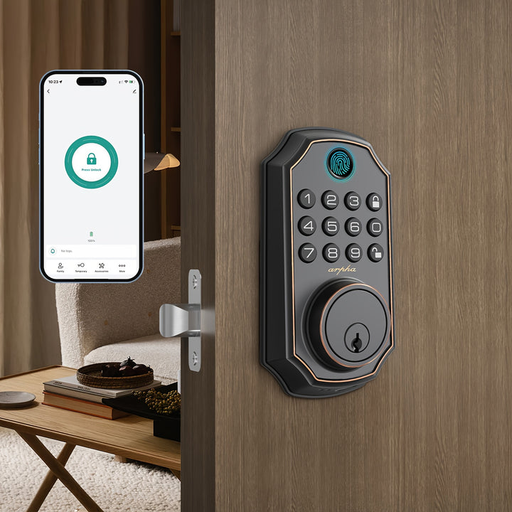 [Smart Keyless Entry Door Lock] Arpha Smart Keyless Entry Door Lock - Auto Lock/Unlock, 100 Code Anti-Peek Combination, Easy Installation, Low Battery Alarm, Strong & Heavy Zinc Alloy, Black & Orange, for Secure Home Access,