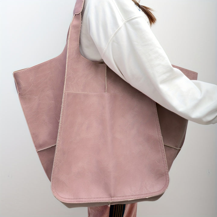 [Retro Beach Tote] 1pc Retro Large Beach Tote Bag - High Capacity Zipper Shoulder Sling Bag with Fixed Straps - Solid Color Multifunctional Synthetic Handbag for Women, Beach Accessory, Sturdy Construction