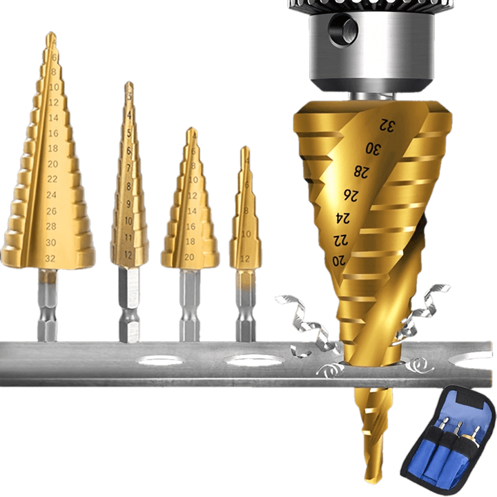 Multi-Size Titanium-Coated HSS Step Drill Bit Set - Precision Drilling for Wood & Metal, Efficient and Versatile