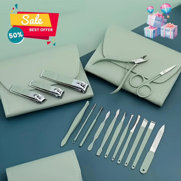 1 Set Of 16 Premium Stainless Steel Modern Style Of Nail Clippers Suit, Straight Blade Nail File, Ear Picks, Scissors, Beauty Care Professional Travel Kit