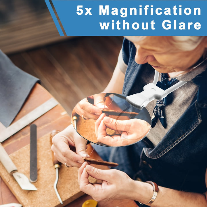 [5X Magnifying Glass] 5X Magnifying Glass with 5.12in Lens - Hands-Free Adjustable Neckwear for Seniors - Ideal for Reading, Sewing, Crafting, Cross Stitch - No Battery Required