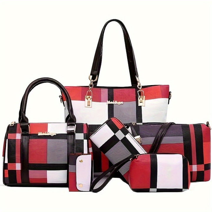 Large Capacity 6pcs/set Checkered Pattern Bag - Shoulder, Crossbody, Clutch, Long & Short Wallet