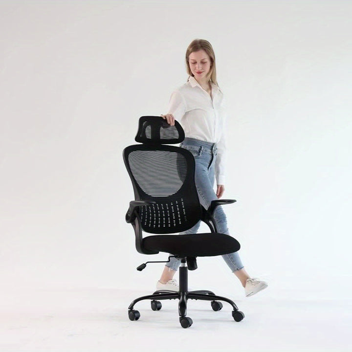 [High Back Ergonomic Computer Chair] OLIXIS Ergonomic Desk Computer Chair, High Back Comfort Swivel Home Gaming Mesh Chair With Wheels, Adjustable Headrest, Flip-Up Armrests, 144° Tilt, Suitable For Studying