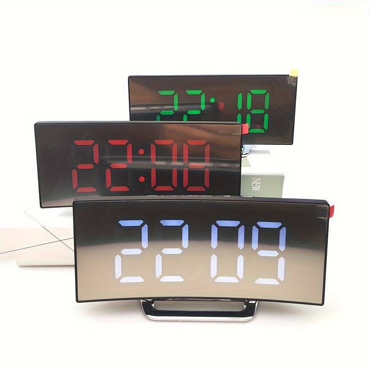 Modern LED Mirror Clock with Curved Display - Silent Digital Alarm, Dimmable, USB or Battery Powered, ABS Material - Perfect for Home Decor