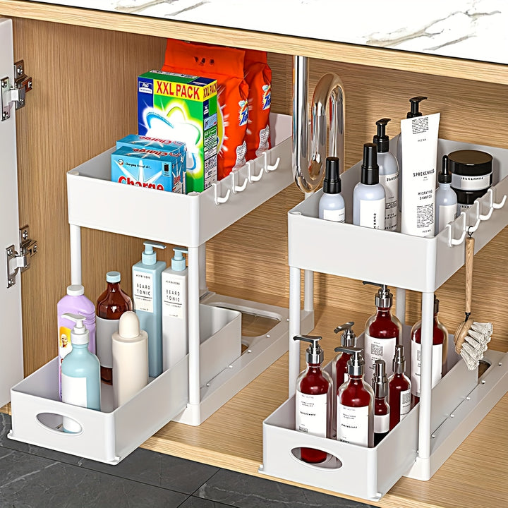 Under Sink Organizer 2 Pack, Bathroom Cabinet Organizer, 2 Tier Sliding Cabinet Basket Organizer Drawer, Multi-Purpose Bath Collection Baskets