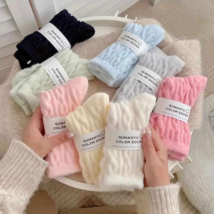 5 Pairs Women's Twisted Pattern Socks - Soft, Warm, Plush Mid-Calf | Candy-Colored, Smooth, Knitted Thigh-High Socks, Perfect for Gifts