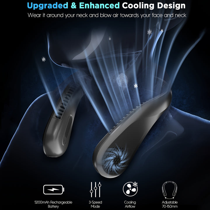 [5200mAh Portable Neck Fan] Rechargeable Portable Neck Fan - 5200mAh USB-Powered Hands Free Bladeless Cooling Fan With 3 Speed | Compact & Lightweight For Outdoor, Travel, Picnic, BBQ, Fishing, Jobsite | Battery Powered (4-16