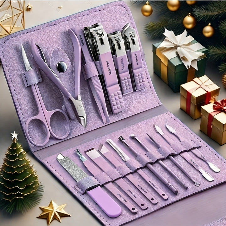 1 Set Of 16 Premium Stainless Steel Modern Style Of Nail Clippers Suit, Straight Blade Nail File, Ear Picks, Scissors, Beauty Care Professional Travel Kit