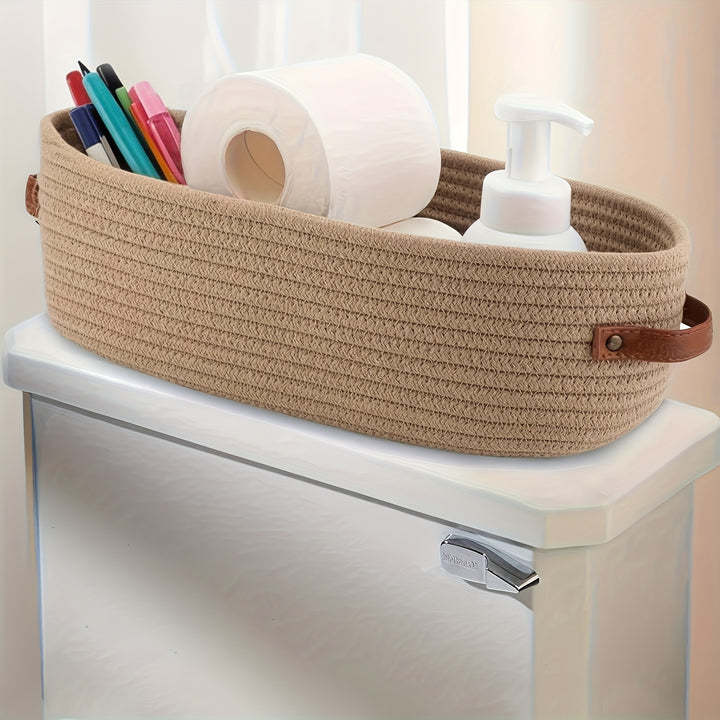 1pc Beige Woven office items Storage Basket with Handles - desktop Multifunctional Organizer for Toilet Top, office Desktops, or Bathroom Essentials, Stylish and Durable Home Decor Accessory