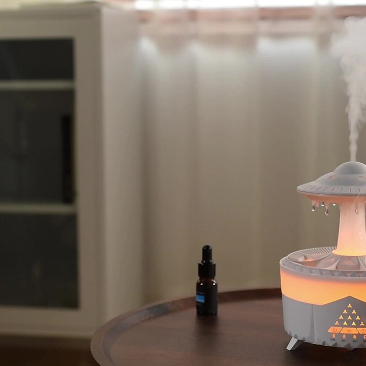 UFO Design Aromatherapy Humidifier with Rainbow Night Light, 11.83oz Capacity, Remote Control, 110V/220V Dual Voltage, US Plug, Essential Oil Compatible, Water Shortage Protection, Atomization Mode, <33.81oz Tank, <10㎡ Area