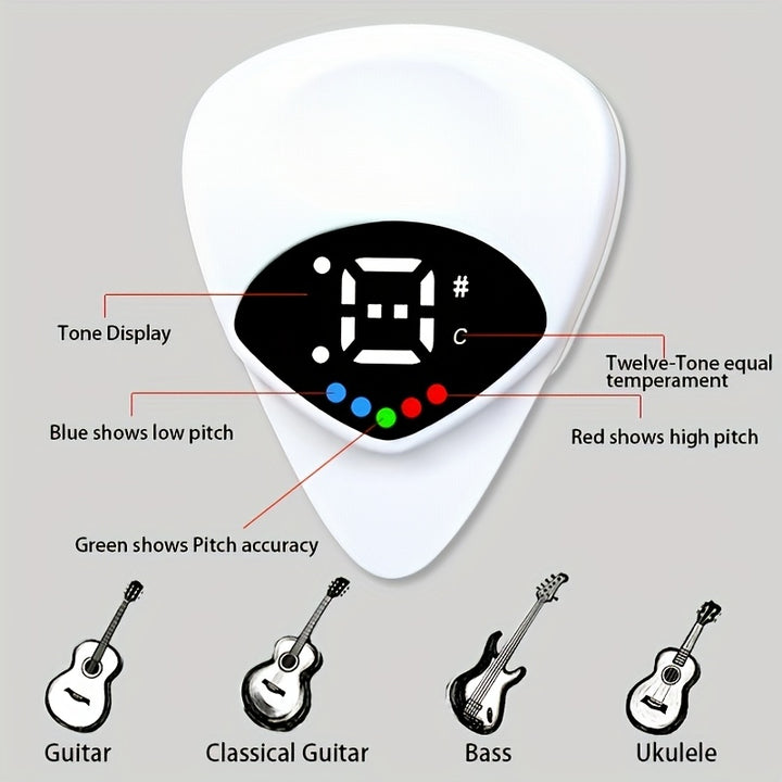 Portable 2-in-1 Digital Guitar Tuner & Pick Combo 1pc QiJiStar, White Plastic Material, 12-Tone Equal Temperament for Folk Guitar & Ukulele, Battery Powered (36V & Below), Sleek Accessory, Guitar Tuning Accessory