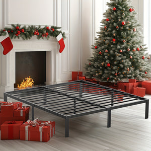 Modern Black Metal Platform Bed Frame - No Box Spring Needed, Steel Slat Support, Storage Space Under Mattress, Easy Assembly, 4 Sizes Available, Perfect for Holiday Decor and Cozy Fireplace Settings, Festive Bed Frame | Mode