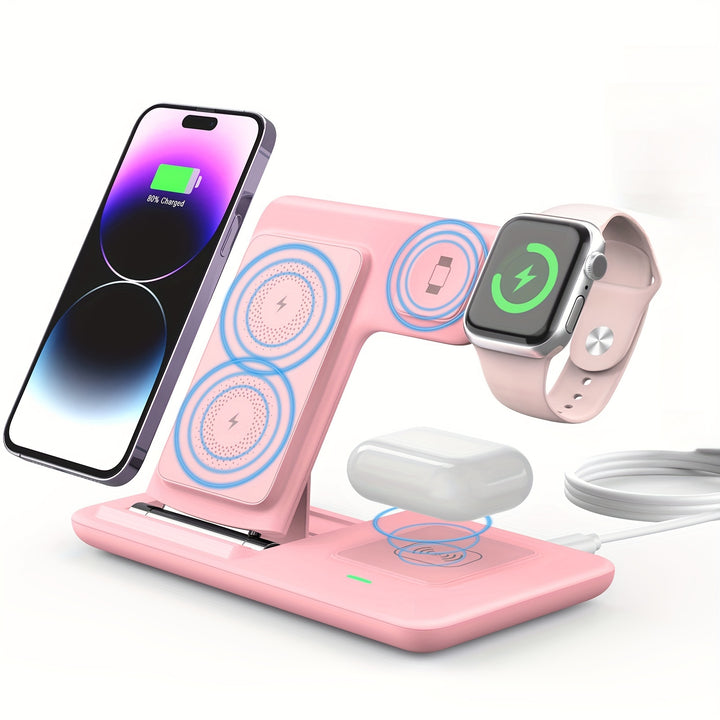 [Mingmai Wireless Charger] Mingmai 3-in-1 Folding Wireless Charging Station | for iPhone 15, 14, 13, 12, 11/Pro/Max/Mini/Plus, AirPods 3/2/Pro, and Apple Watch 1-9 - Magnetic USB Charging Base with LED Indicator, Black, iPhon