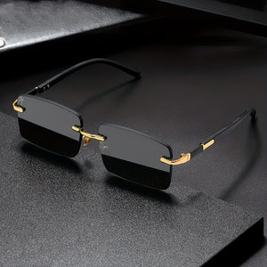 Quadratische randlose Vintage-Sonnenbrille, stilvolles Design, goldener Rahmen, schwarze Hip-Hop-Sonnenbrille