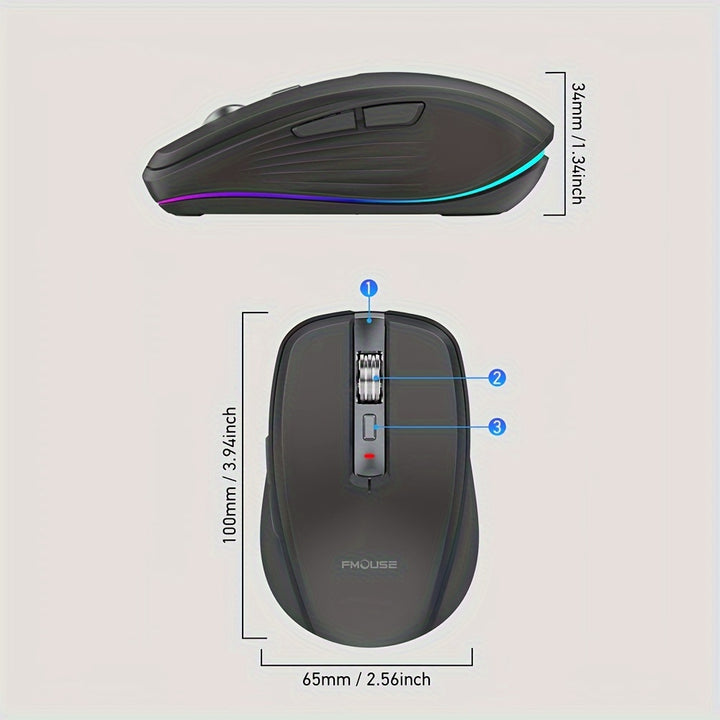 FMOUSE-M303 Ergonomic Wireless Mouse with RGB Lighting, Dual-Mode, USB-C Rechargeable - Compatible with PCs, Laptops & Desktops, Wireless Mouse for Laptop