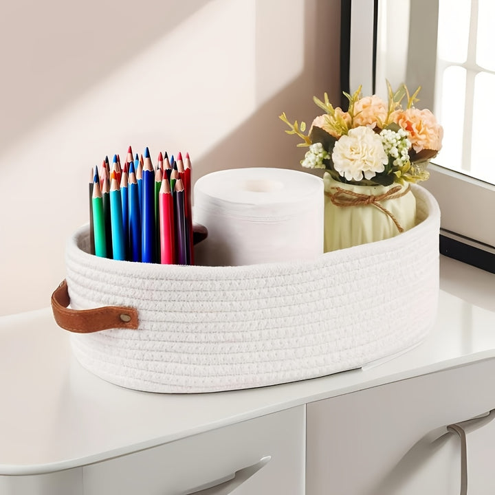 1pc Beige Woven office items Storage Basket with Handles - desktop Multifunctional Organizer for Toilet Top, office Desktops, or Bathroom Essentials, Stylish and Durable Home Decor Accessory