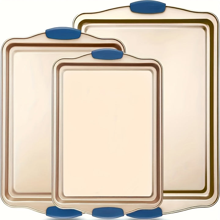 3 pièces de plat à four en acier au carbone antiadhésif, luxueux et à la mode à l'intérieur et à l'extérieur, plat de cuisson en métal de qualité restaurant de niveau commercial, avec poignée en silicone rouge.