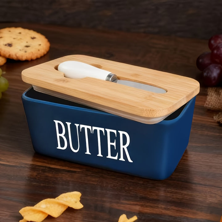 1 Pc Luxury Large Butter Dish with Lid - Ceramic Countertop Keeper with Knife Sealing and Design - Perfect Kitchen