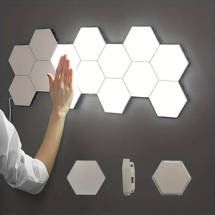 6-Pack Modern Touch-Controlled Hexagonal LED Wall Lights, DIY Assembly, Energy-Efficient Neutral White Lighting with Touch Night Light, Plastic Material, Wall-Mounted, Up-Light Illumination, USB Powered, No Battery Included