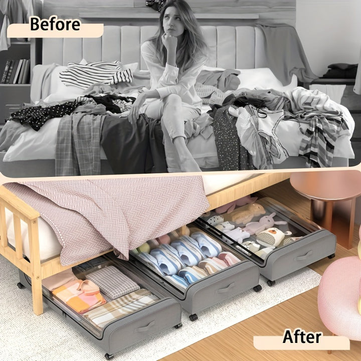 2pcs Under Bed Storage Organizer Metal Underbed Bins With Wheels And Lid Metal Underbed Storage Containers Under Bed Rolling Storage For Clothes, Bedding, Shoes, Blankets, Books, Toys, Baskets, Bins & Containers for Home Orga