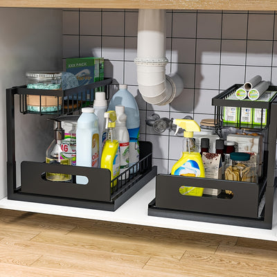 Two-Level Organizers for Under The Sink, Featuring a Sliding Pull-Out Shelf Made of Metal, Ideal for Organizing Kitchen, Bathroom, Pantry, Or Closet Spaces (Available in 1-Pack Or 2-Pack), Under Sink Bathroom Cabinet, Under S
