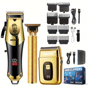 WEEME Golden Hair Cutting Drei-Teile-Set, Herren-Pflegeset, Friseurs Haarschneideset, Valentinstags-Geschenkbox. USB wiederaufladbar, LCD-Display. Enthält 1 schwarzen und goldenen professionellen Haarschneider + 1 goldenen Herrenrasierer +