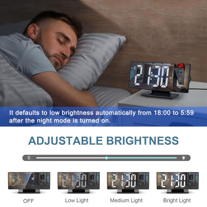 180° Adjustable LED Projection Alarm Clock with Snooze, 12/24H Temperature Display, and Mirror Design – USB Powered for Bedroom, Home Office, or Living Room – Black Rectangular Frame, High-Definition Display, Night Mode,