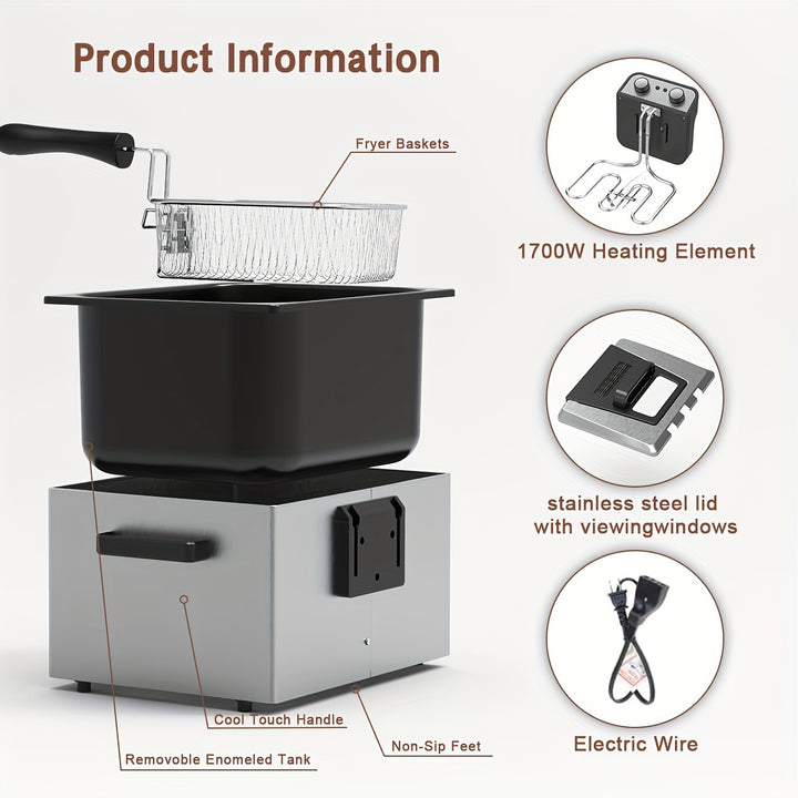 Edelstahl 1 Stück 5,3QT Fritteuse mit Korb - Elektrische Fritteuse mit Sichtfensterdeckel, einstellbarer Temperatur & Timer, 1800W - US-Stecker für frittierte Hähnchen, Garnelen, Pommes Frites