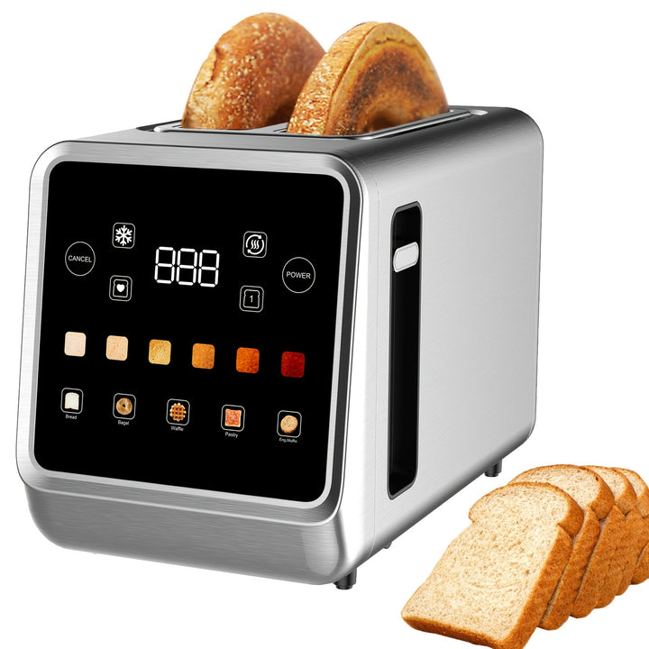 Toaster 2 Slice Digital Touch Screen Stainless Toaster with 5 Bread Selection 7 Shade Setting and Bagel/Defrost/Cancel/Reheat Function 1.5 IN 2 Slice Smart Toaster with Removable Crumb Tray