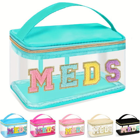 Chic Waterproof PVC Cosmetic Bag with Plush Chenille "MEDS" Letters - Portable, Large Capacity Travel Organizer with Zipper Closure, Easy to Clean - Preppy Style Patchwork Makeup Storage for Women and Girls in Pink/Blue/Turqu