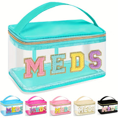 Chic Waterproof PVC Cosmetic Bag with Plush Chenille MEDS Letters Portable, Large Capacity