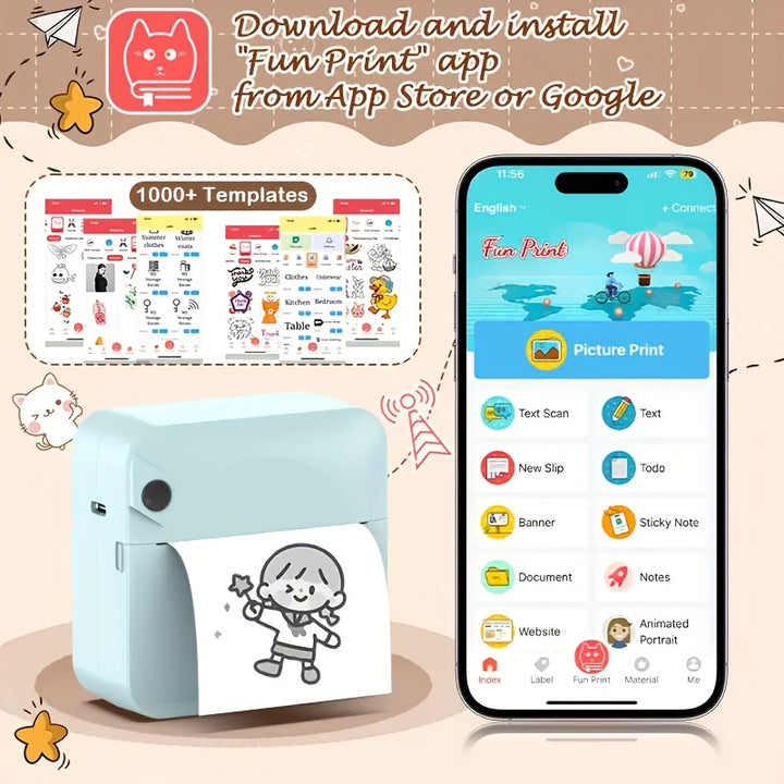 Micro Printer, Pocket Printer, Inkless Sticker Thermal Printer with 1 Roll of Thermal Paper, Wireless Portable Receipt Printer