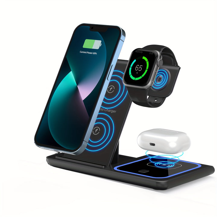 Wireless Charging Station 3-in-1 Standard 15W Fast Mag-Safe Charger Stand with QC3.0 Adapter, Suitable for iPhone 15 14 13 12 11 x 8 Pro Max/Pro/Mini/Plus, iWatch Ultra 9/8 7/6/5/4/3/2, AirPods 3/2