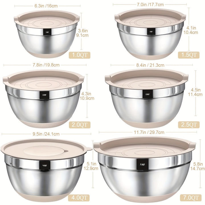 Mixing Bowls with Airtight Lids, 26 Pcs Stainless Steel Bowls Set, 3 Grater Attachments & Black Non-Slip Bottoms Size 7, 4, 2.5, 2.0, 1.5, 1QT