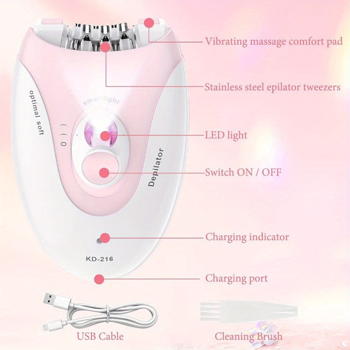 [Facial Epilator] Koina KD-214 | Cordless, Dual-Speed | 36-Tweezer Design | LED Light, Efficient | Face, Bikini, Arms, and Legs | Women | Pink & White