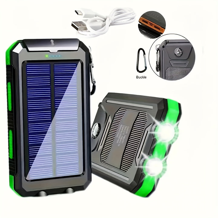 Carregador Portátil USB Power Bank Solar para Celulares, Bateria Externa de Backup para Camping com Saída Dual de 5V USB, 2 Luzes LED Lanterna com Ponteiro