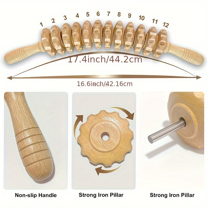 1pc Wooden Curved Massager Handheld Roller Stick with 12 Roller Trigger Points Manual Tendon Fat Muscle Body Treatment Massager