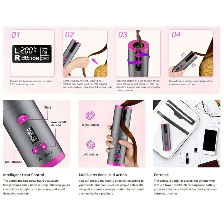 1pc Automatic Curler for Wonderful Locks - Fast Charging USB, Ceramic, 5 Heat Settings No Tangles - Very Suitable for Styling and Special Occasions, Including Elegant Gift Boxes